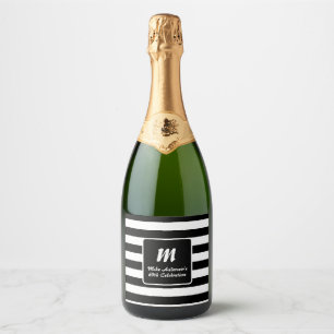 Black and White Stripe Monogram Sparkling Wine Label