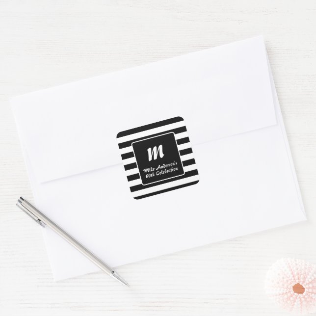 Black and White Stripe Monogram Square Sticker (Envelope)