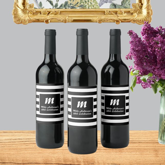 Black and White Stripe Monogram Wine Label (Creator Uploaded)