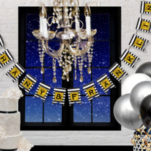 Black and White Stripe Pattern with Gold Wedding Bunting Flags