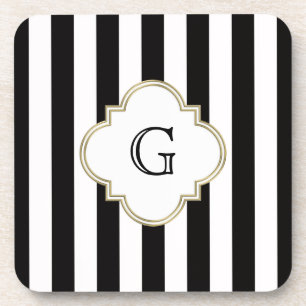 Black and White Stripe Pattern with White Monogram Coaster