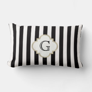 Black and White Stripe Pattern with White Monogram Lumbar Pillow