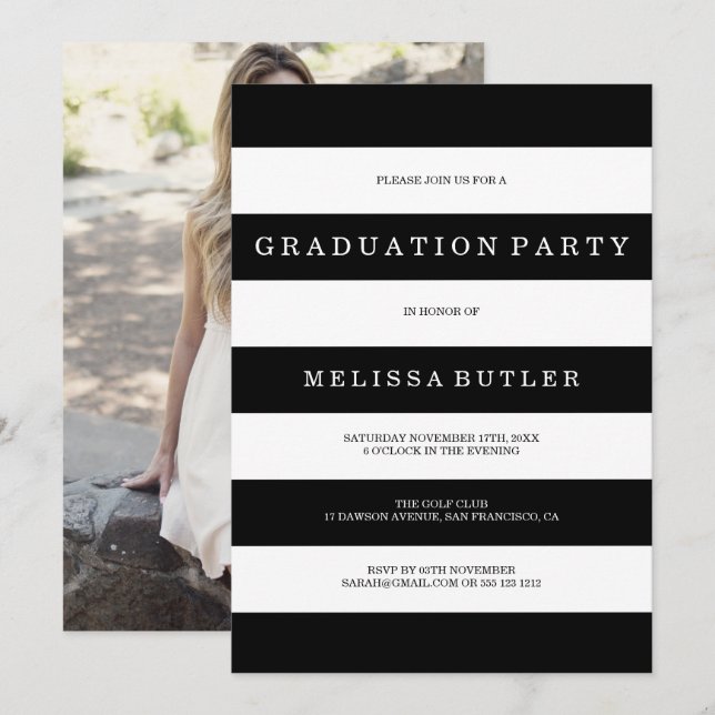 Black and White Stripe Photo Graduation Invitation (Front/Back)