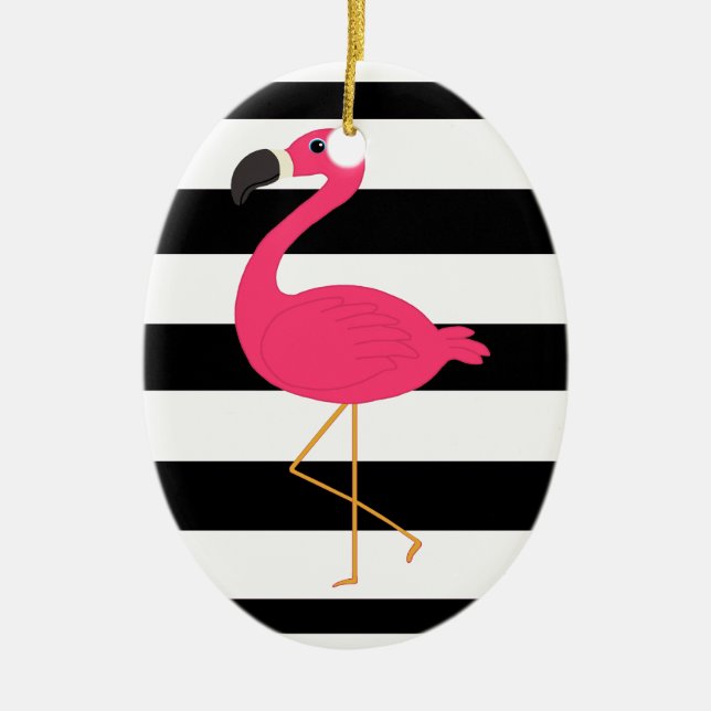Black and White Stripe Pink Flamingo Ceramic Ornament (Front)
