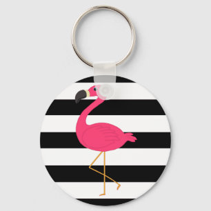 Black and White Stripe Pink Flamingo Keychain