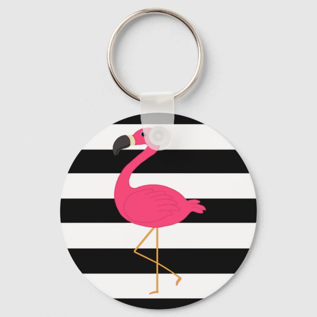 Black and White Stripe Pink Flamingo Keychain (Front)