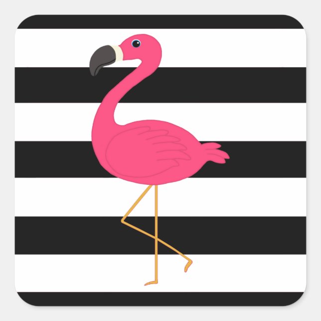 Black and White Stripe Pink Flamingo Square Sticker (Front)