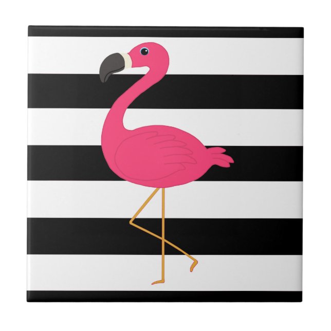 Black and White Stripe Pink Flamingo Tile (Front)