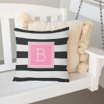 Black and White Stripe Pink Monogram Outdoor Outdoor Pillow<br><div class="desc">Add bold, modern style to your patio, deck or pool with our monogrammed outdoor throw pillow in chic black and white with a pop of girly pink. Design features wide black and white horizontal stripes on both sides, with your single initial monogram on the front in feminine, vibrant candy pink....</div>