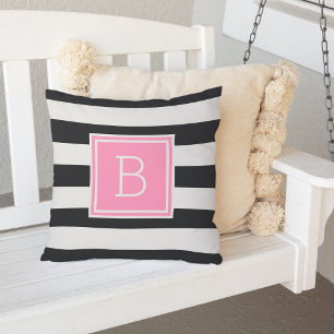 Black and White Stripe Pink Monogram Outdoor Pillow