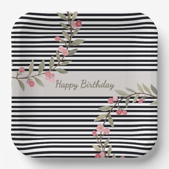 Black And White Stripe Square Paper Plate (Front)