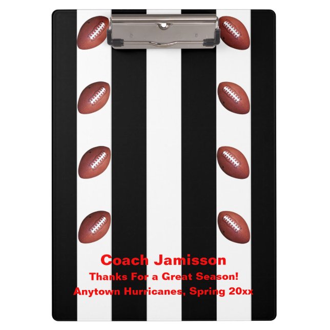 Black and White Stripe, Thanks Football Coach Name Clipboard (Front)