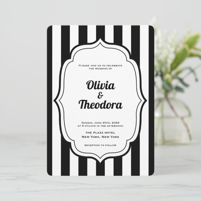 Black and White Stripe wedding invitation (Standing Front)