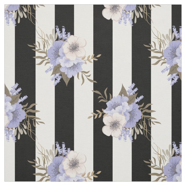 Black and White Stripe with Blue and Cream Floral Fabric (Swatch)