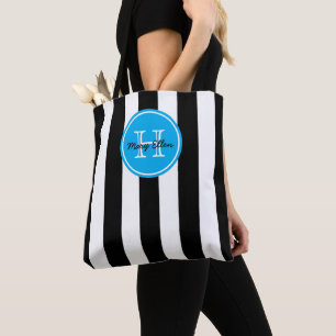 Black and White Stripe With Bright Blue Monogram Tote Bag
