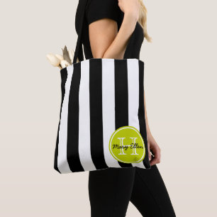 Black and White Stripe With Lime Green Monogram Tote Bag