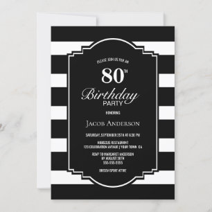 Black and White Striped 80th Birthday Party Invitation