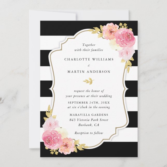 Black and White Striped Blush Pink Floral Wedding Invitation (Front)