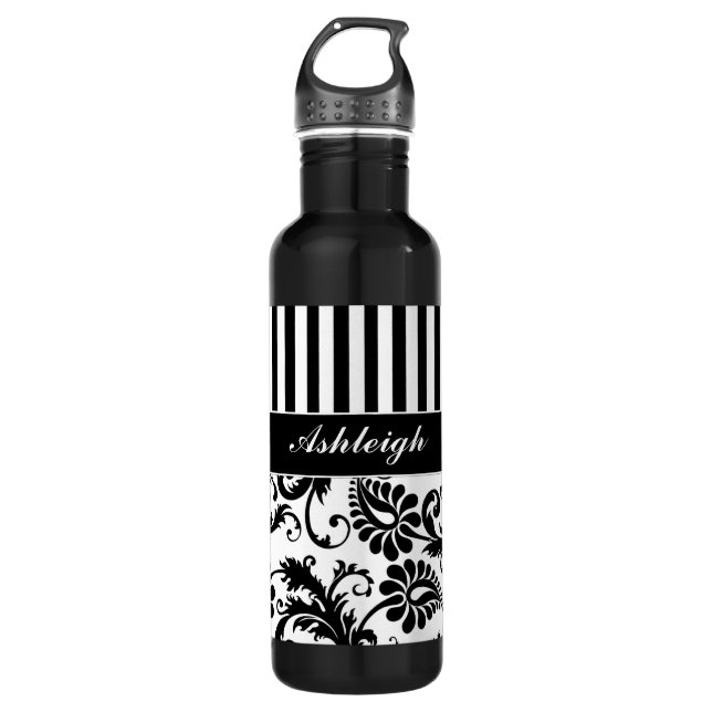 Black and White Striped Damask 710 Ml Water Bottle (Front)