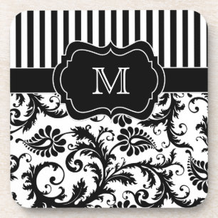 Black and White Striped Damask Coaster Set (6)