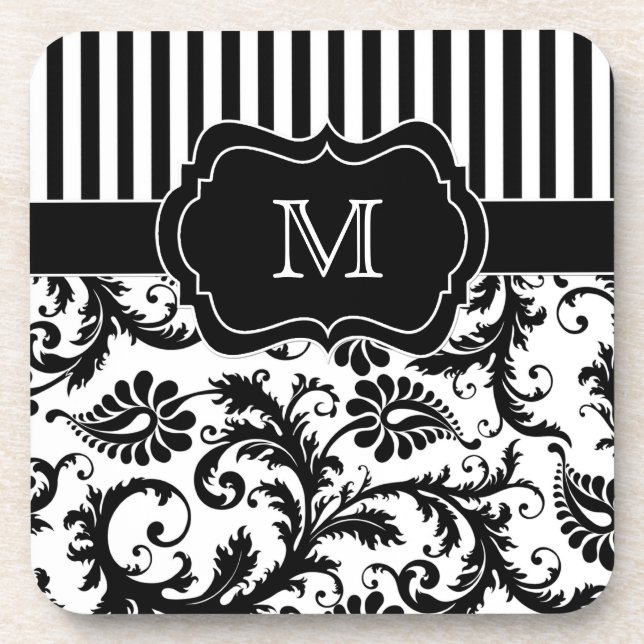 Black and White Striped Damask Coaster Set (6) (Front)