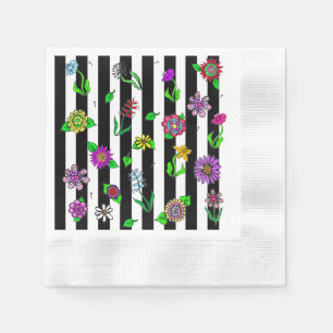 Black and White Striped Floral Whimsical Napkin