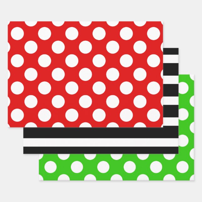Black and White Striped Green Red Polka Dot Wrapping Paper Sheet (Set)