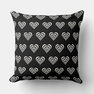 Black and white striped heart on black throw pillow