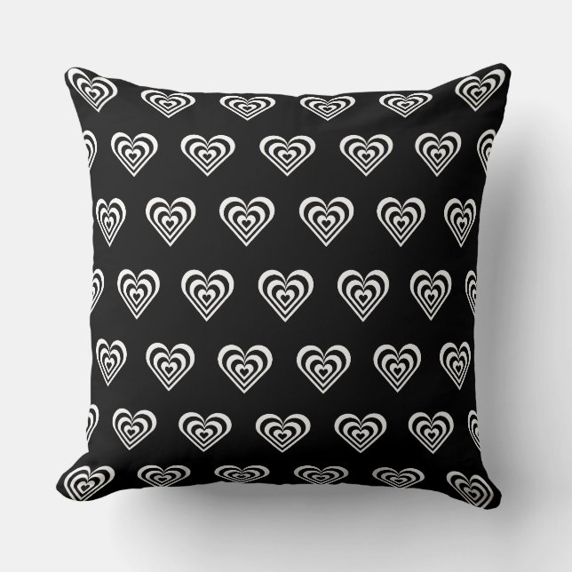 Black and white striped heart on black throw pillow (Front)