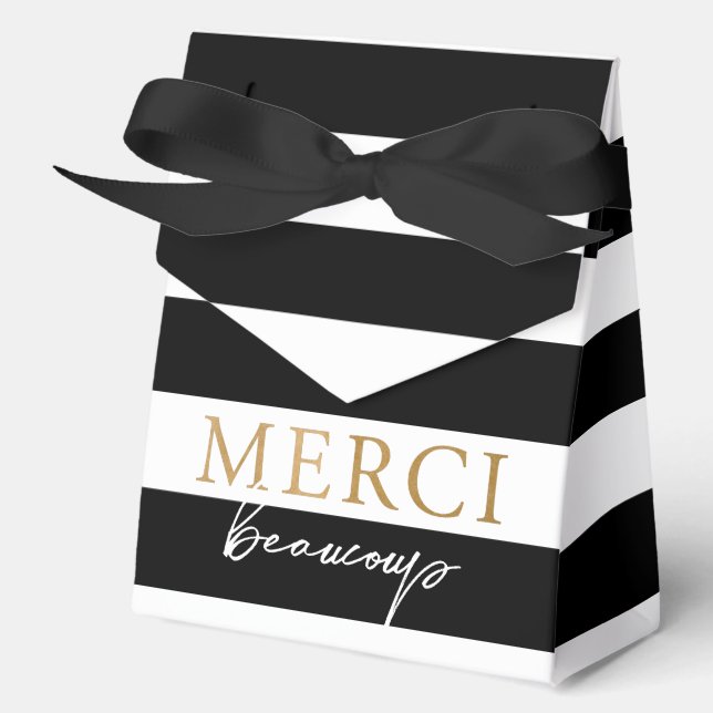 Black and White Striped Merci Beaucoup  Favor Box (Front)