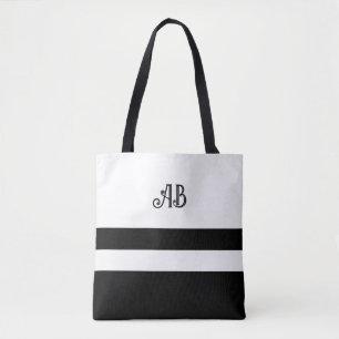 Black and White Striped Monogram Tote Bag