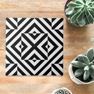 Black and White Striped Op Art Geometric Pattern Tile