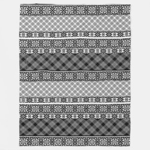 Black and white striped patchwork with lace fleece blanket