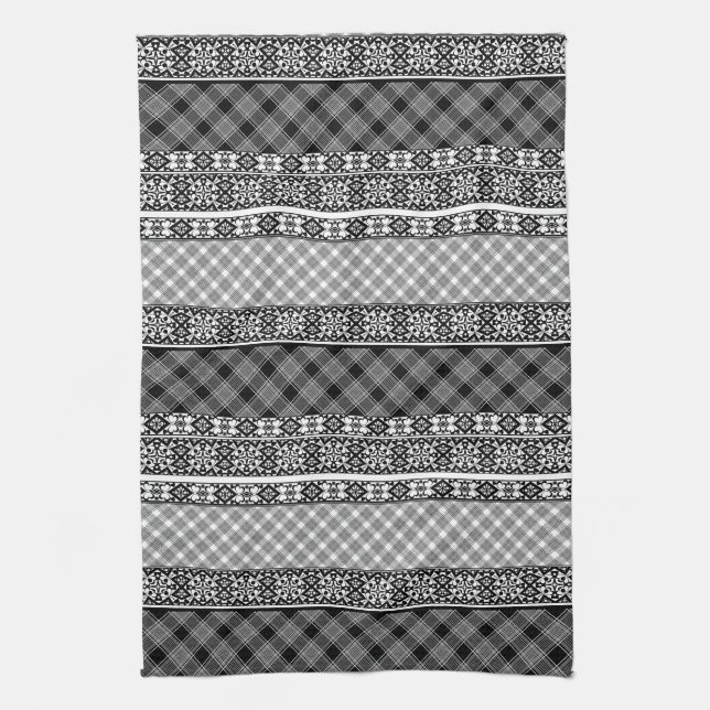 Black and white striped patchwork with lace kitchen towel (Vertical)