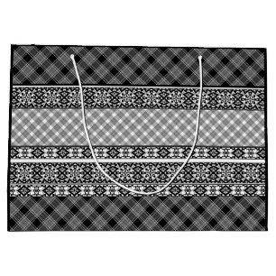 Black and white striped patchwork with lace large gift bag
