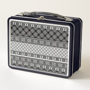 Black and white striped patchwork with lace metal lunch box