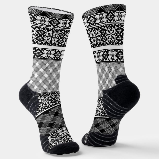 Black and white striped patchwork with lace socks (Angled)