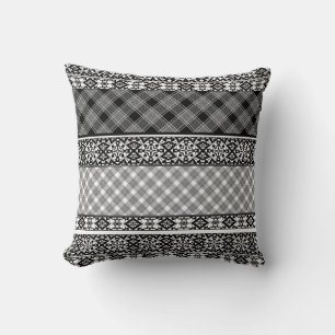 Black and white striped patchwork with lace throw pillow