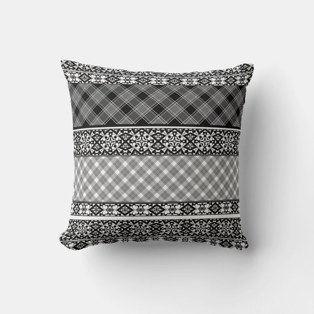 Black and white striped patchwork with lace throw pillow (Front)