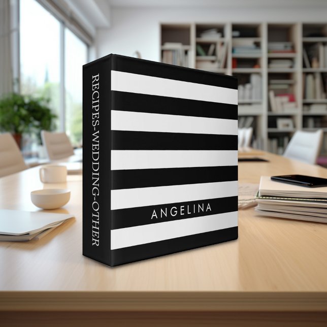 Black and White Striped Pattern Custom Name Binder (Personalized 3-ring binder - Add Your Name and Other Text)