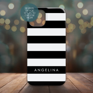 Black and White Striped Pattern Custom Name iPhone 13 Mini Case
