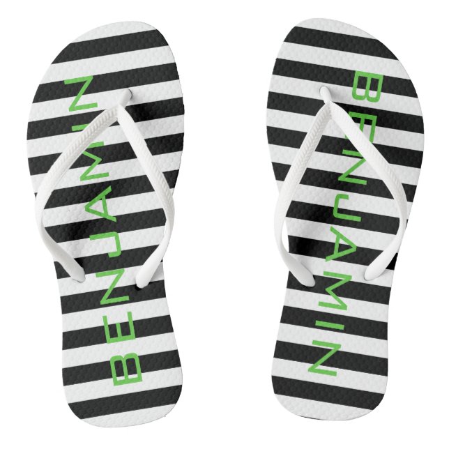 Black and White Striped Pattern Custom Name Flip Flops (Footbed)