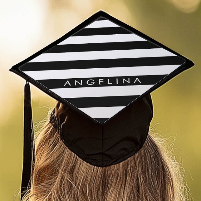 Black and White Striped Pattern Custom Name Graduation Cap Topper (Custom Graduation Cap Topper)