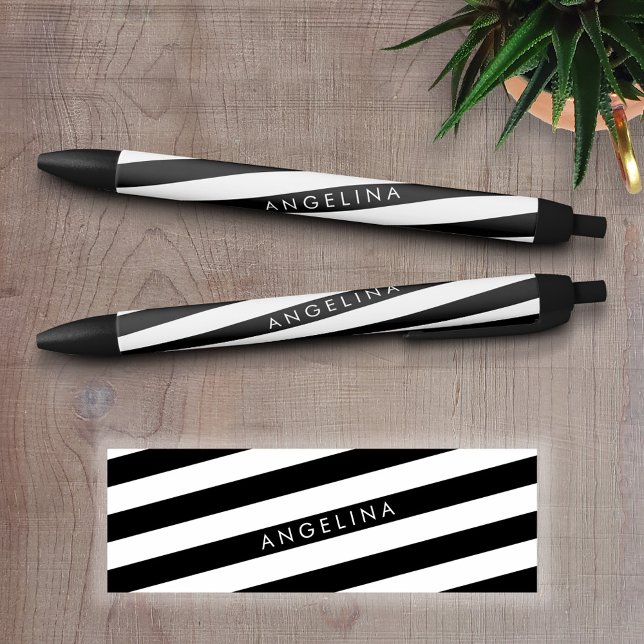 Black and White Striped Pattern Custom Name Ink Pen (Personalized Writing Pens - add your name, monogram or other text)