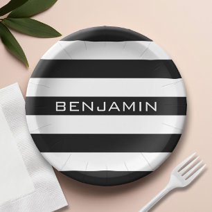 Black and White Striped Pattern Custom Name Paper Plate
