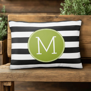 Black and White Striped Pattern Green Monogram Accent Pillow