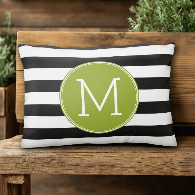Black and White Striped Pattern Green Monogram Accent Pillow (Custom Monogram Pillow)