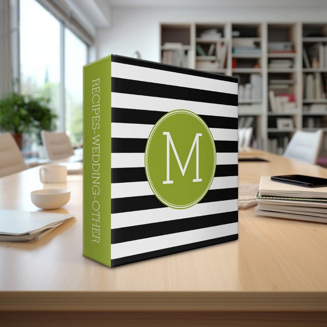 Black and White Striped Pattern Green Monogram Binder (Custom Monogram Binder)