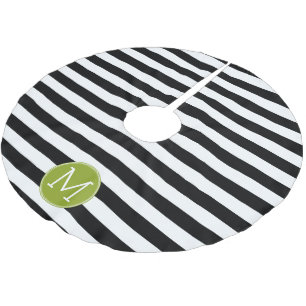 Black and White Striped Pattern Green Monogram Brushed Polyester Tree Skirt