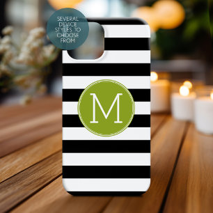 Black and White Striped Pattern Green Monogram Case-Mate iPhone 14 Pro Case